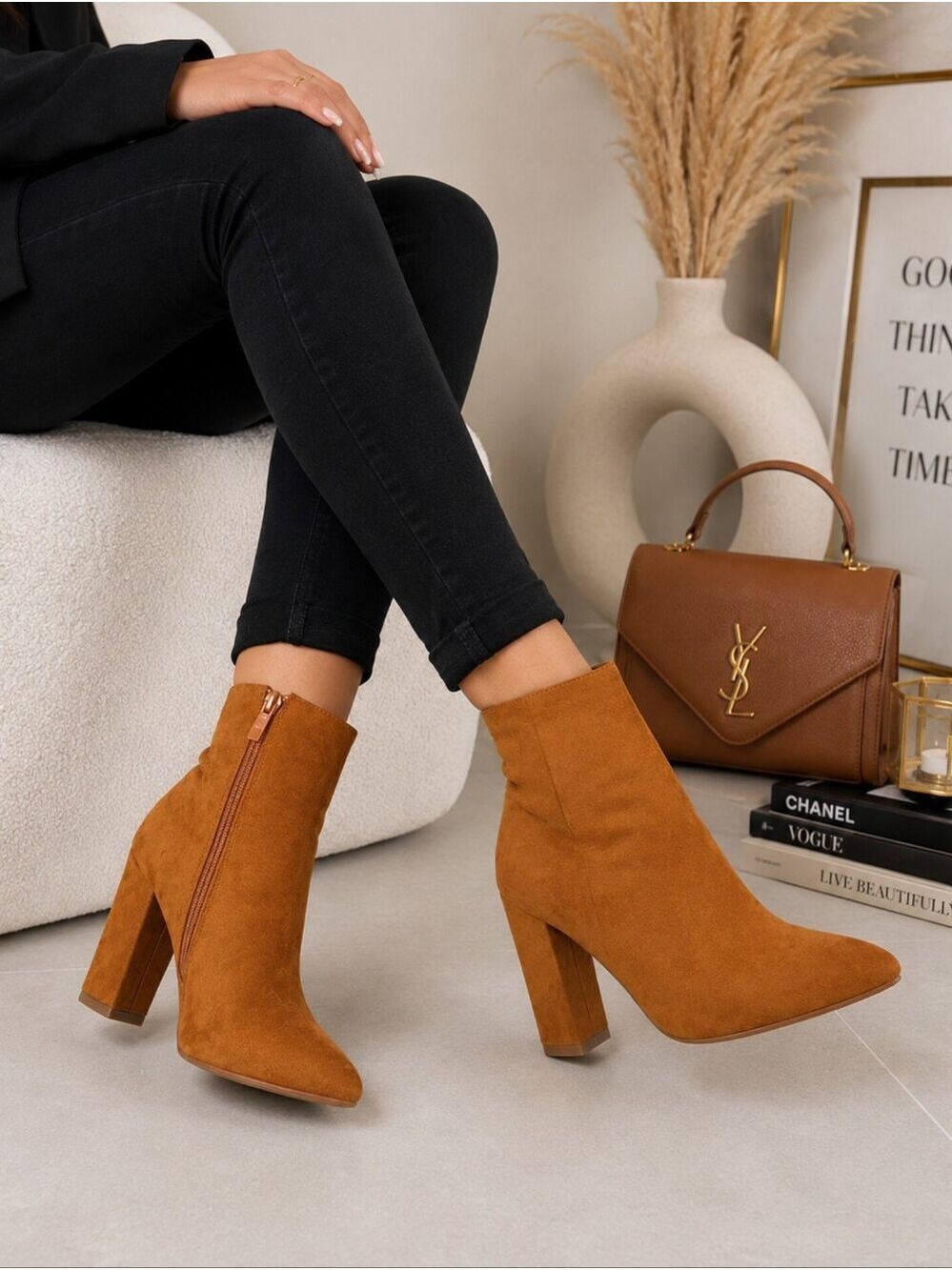 Camel Faux Suede Pointed Toe Ankle Boots